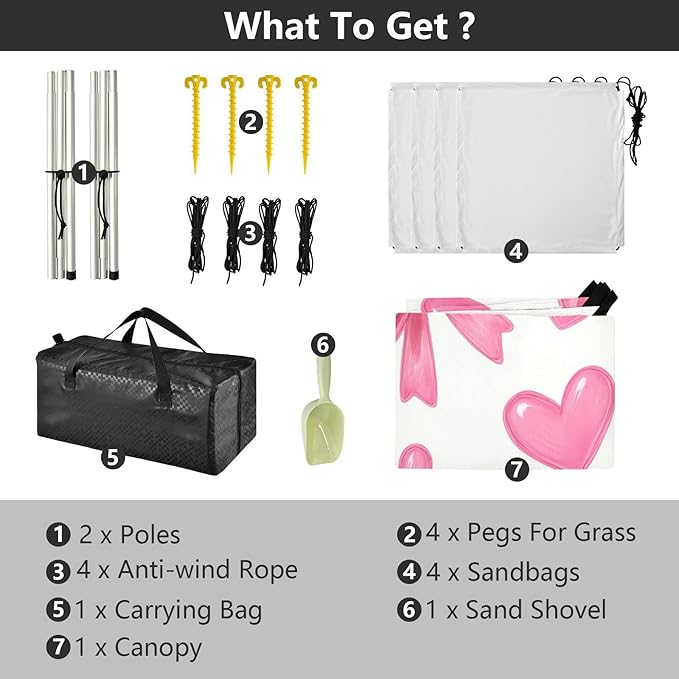 xigua Bows and Hearts Beach Tent Sun Shelter with Carrying Bag - Silver Coated Oxford Fabric Beach Canopy for Beach Camping Fishing - Includes Windproof Ropes Sandbags &amp Stakes