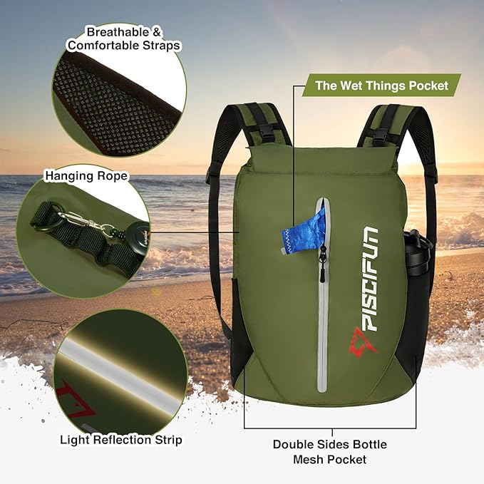 Piscifun Dry Bag Waterproof Lightweight Dry Backpack Roll-Top Sealed with Waist Pouch and Phone Case Keeps Gear Dry Inside for Kayaking Boating 10L 20L 30L
