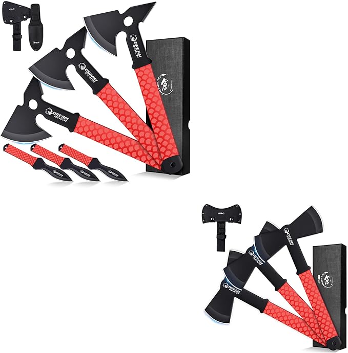 Dream Reach 6-Pack Throwing Game Set Including Safe Full Tang 3 PCS Throwing Axes and 3 PCS Throwing Knives with TPR Rubber Sleeve and Protective Sheaths for Recreation and Competition