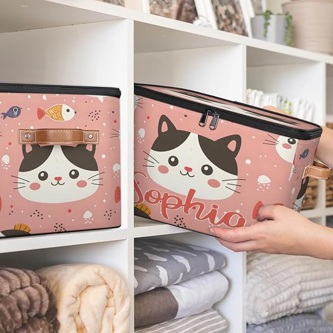 Custom Storage Basket with Name Personalized Storage Bins with Zipper Lid Foldable Fabric Storage Box Large capacity with Handle Cat Pink
