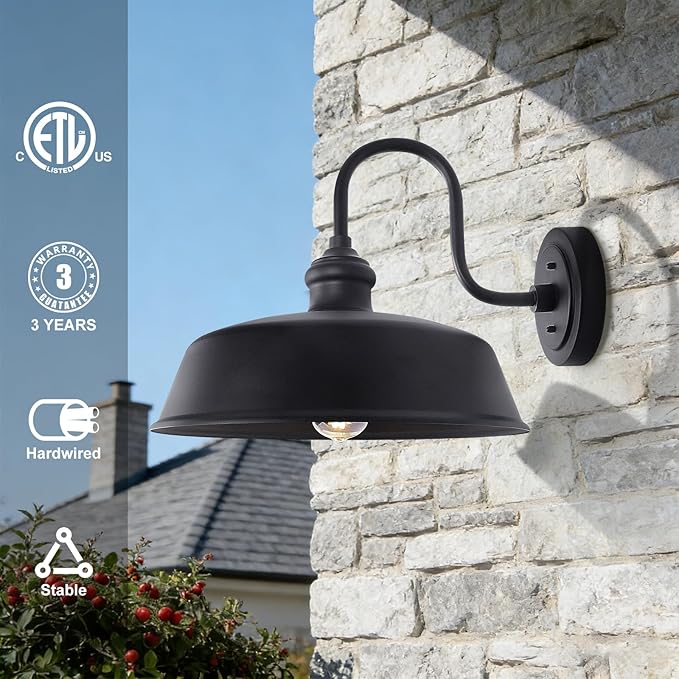 16in Large Outdoor Gooseneck Barn Light Farmhouse Exterior Wall Lghts Fixture Black Dome Porch Light in Rustic Style Outside Wall Sconce Lighting for Garage House Front Door