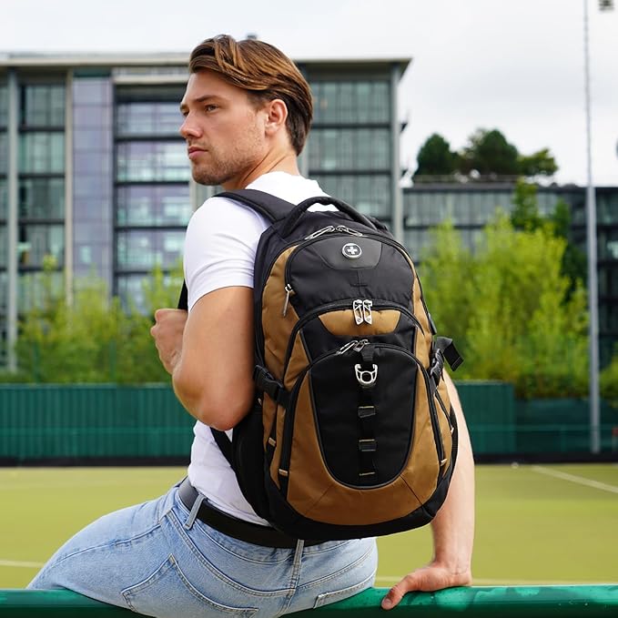 Swissdigital Design Laptop Backpack with USB Charging Port Travel Backpack Fits 15.6 inches Computer 31L College School Backpack for Men Tan/Black | SD803-34