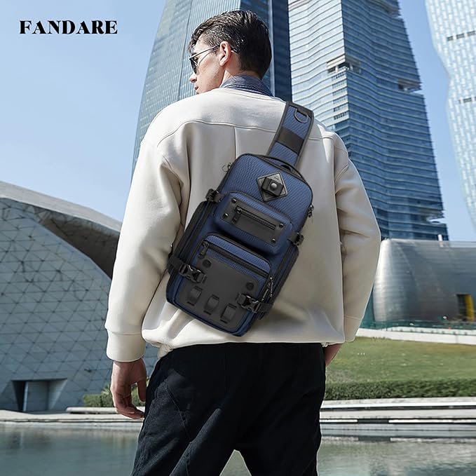 FANDARE Tactical Sling Bag Crossbody Backpack with Tripod Holder Chest Shoulder bag for Men One Strap Motorcycle Chest Pack for Travel Hiking Waterproof Satchel Bag fit 10.5 inch tablet Blue