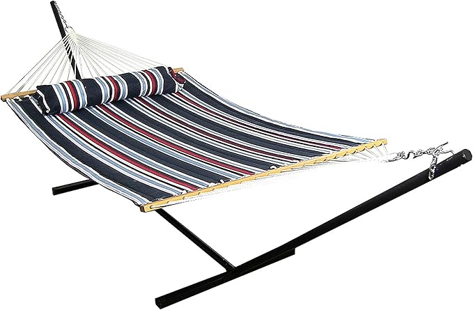 Sunnydaze Quilted Double Hammock with Stand for Outside - 350-Pound Capacity 2-Person Hammock with Stand - 12-Foot Stand - Nautical Stripe