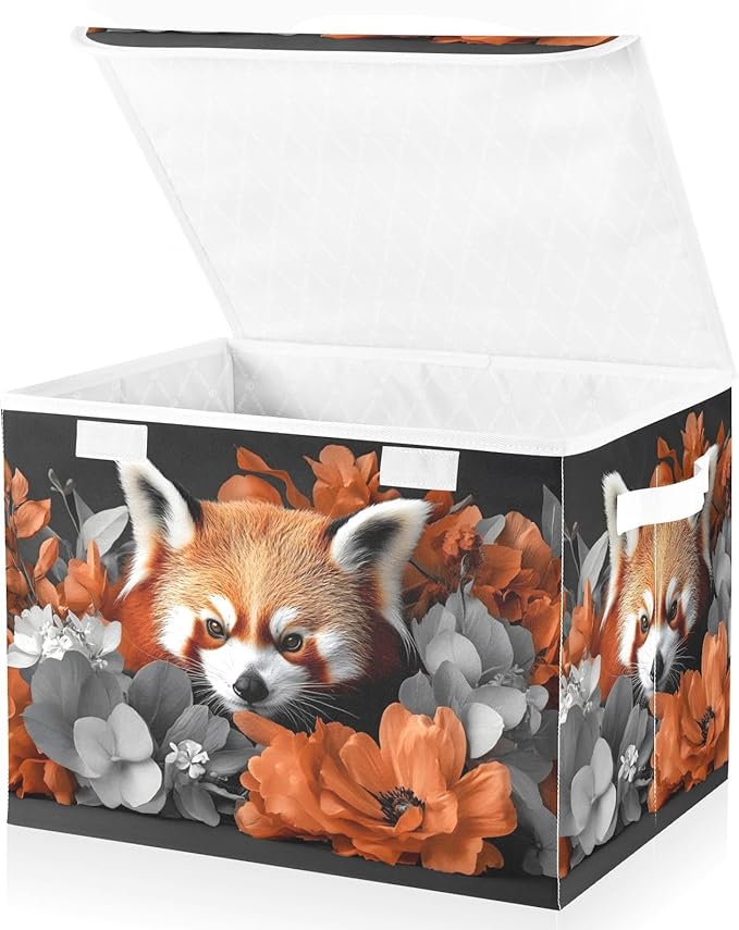 AIXIWAWA Lidded Storage Cube (Red Panda Floral) Fabric Foldable Closet Bins with Flip Lid and Handles Organizer Basket Container 16.5 x 12.6 x 11.8 IN