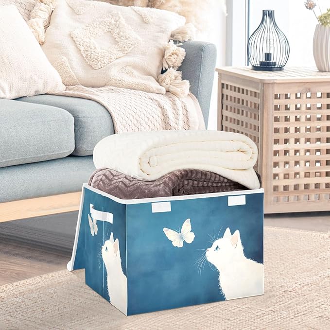 White Cat Butterfly Storage Cube Bins Basket with Lid Collapsible Flip-top Fabric with Handle for Home Bedroom Closet Office 16.5×12.6×11.8 in