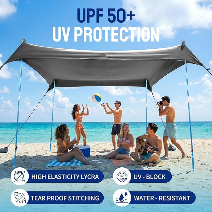 CROWN SHADES 10x10 Beach Tent Sun Shelter Easy Pop Up Beach Canopy Shade Portable Outdoor Carpas UPF50+ Includes 4 Poles Adjustable Aluminium Extra-Large Big Sand Shovel Grey