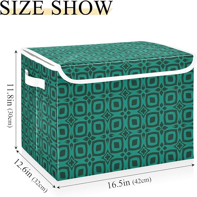 Teal Geometric Pattern Lidded Storage Bins with Handles - 16.5x12.6x11.8 Foldable Organizing Box Oxford Fabric &amp Honeycomb Board Dust-Proof Flip Lid for Closet/Office