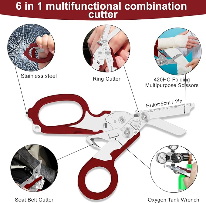 6 in 1 Multifunctional Combination Tool Folding Retractable Emergency Shears Outdoor Camping Tools Seat Belt Cutter Oxygen Cylinder Wrench Complimentary Adjustable Wrench (red)