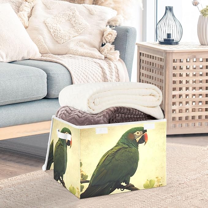 Storage Cube with Lid Parrot Green Print 16.5×12.6×11.8 IN Collapsible Large Capacity Foldable Storage Basket Bin Organizer