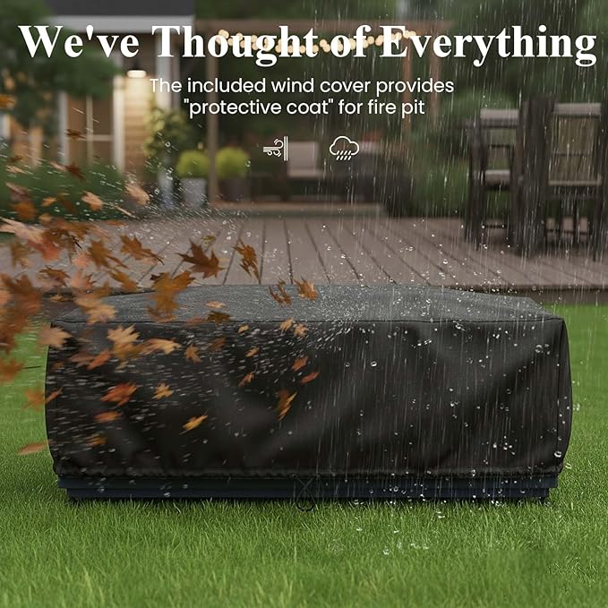 LayinSun 42 Inch Outdoor Fire Pit Table for Outside Patio 55000BTU Rectangle Propane Firepit with Hidden Fuel Tank Glass Wind Guard Waterproof Cover and Lid