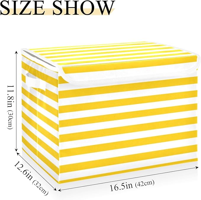 Bright Yellow and White Stripes Collapsible Storage Bins with Lids Decorative Fabric Cubes Closet Organizer Basket Boxes Containers for Clothes Box Chest Folding Rectangle