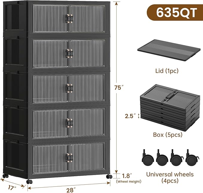 SAILUN 635Qt Extra Large Stackable Storage Bins Folding Collapsible Storage Bins with Lid Closet Organizers and Storage Box with Door Black 28 W x 17 D x 75 H