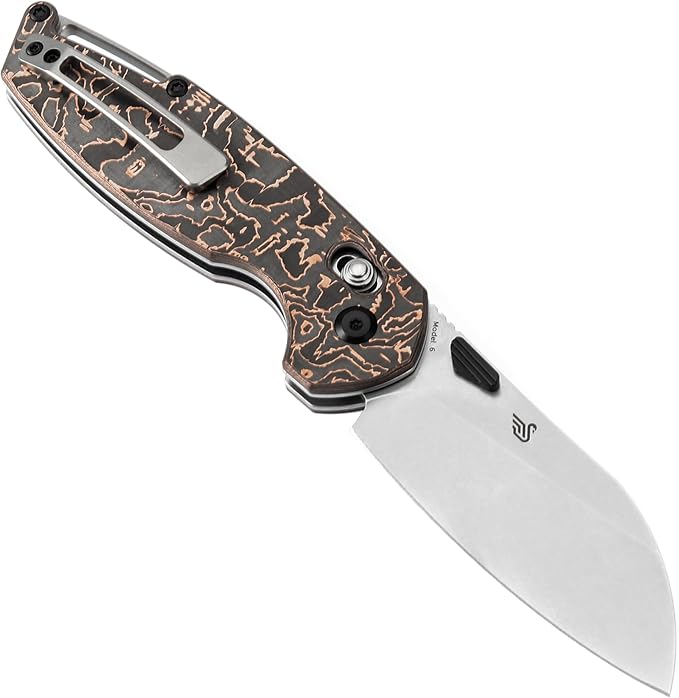 KANSEPT Model 6 Folding Knife 3.1'' Stonewashed CPM S35VN Sharp Blade Copper Carbon Fiber Handle with Crossbar Lock Thumb Stud Pocket Clip for EDC Camping Hiking K1022V2
