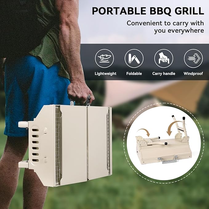 Portable Charcoal Grill Foldable Grills BBQ Grill Charcoal Small Grill for Travel Camping Outdoor Cooking Backyard Hiking Patio Garden PicnicsBeige