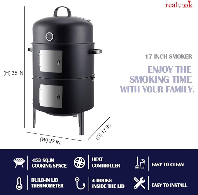 Realcook Vertical 17 Inch Steel Charcoal Smoker Heavy Duty Round BBQ Grill for Outdoor Cooking Black