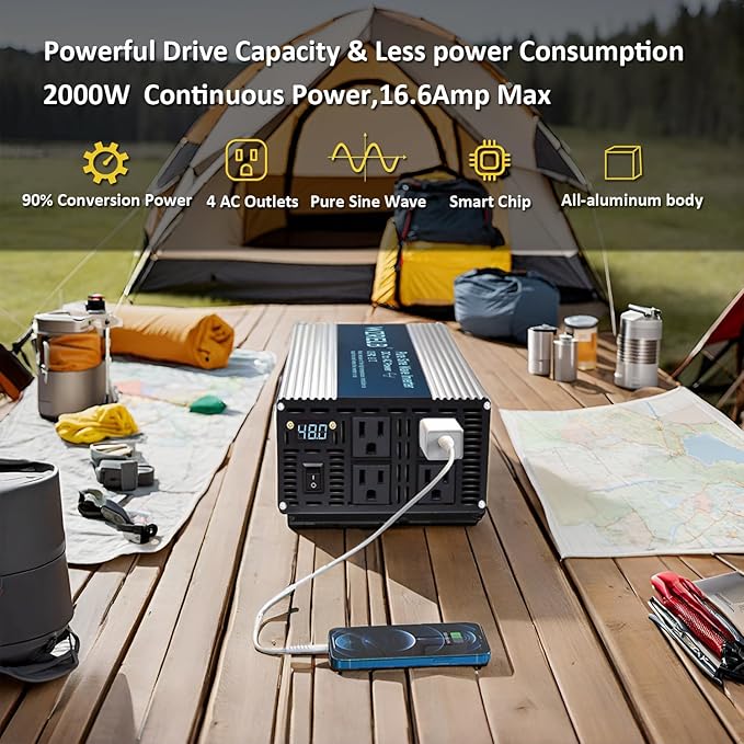 WZRELB 2000W Pure Sine Wave Inverter 48V DC to 110V 120V AC Power Converter with LED Display Off-Grid Portable Power Inverter with 4 AC Outlets for Home RV Truck Camping