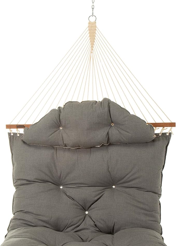 Hatteras Hammocks Large Cast Slate Sunbrella Tufted Hammock with Detachable Pillow – 13 ft. x 55 in. 2-Person 450 lb Capacity Cumaru Spreader Bar – Handcrafted in The USA