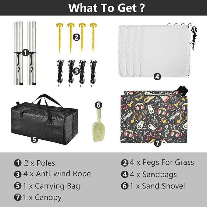 ALAZA Music Note Musical Instrument Beach Tent Sun Shelter UPF50+ Protection Beach Shade Canopy w/ 4 Sandbags for Outdoor Camping Fishing Backyard Fun Picnic 10x9 ft