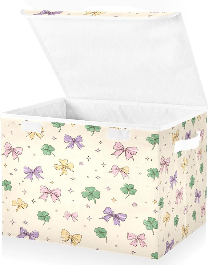 Storage Bins With Lid Stackable Fabric Closet Organizer Clothing Storage Large Boxes For Closet Shelves Bedroom Clovers Bows Stars Beige