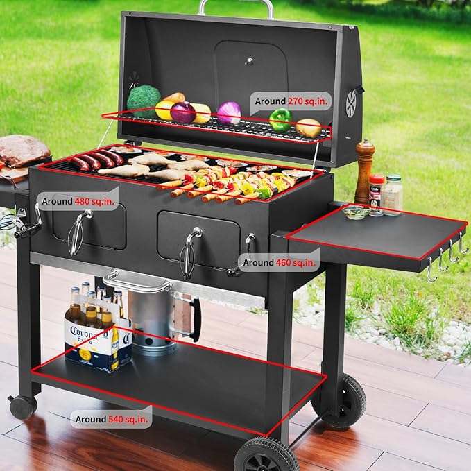 Kenadne Charcoal Grill Outdoor BBQ Grill Extra Large Cooking Area 794 Square Inches with Two Individual &amp Adjustable Charcoal Tray Foldable Side Tables for Outdoor Cooking grill Backyard