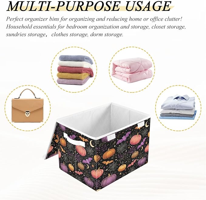 Black Pumpkins Stars Bats Collapsible Storage Bins with Lids Decorative Fabric Cubes Closet Organizer Basket Boxes Containers for Clothes Box Chest Foldin