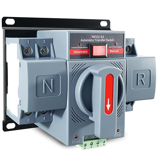 AC110V 6–63A Dual Power Transfer Switch 2Pole ATS Automatic/Manual Changeover Transfer Switch for Home Generator Solar Power System with Auto Selector Over/Under Voltage Protection 50/60Hz