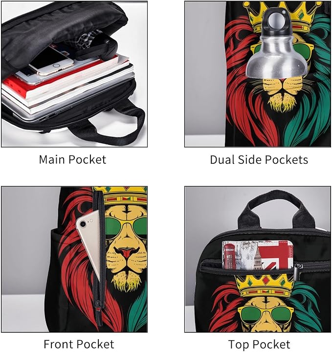 Men Women Bookbag Reggae king Rasta Flag Lion Black Laptop &amp Tablet Backpack for Travel &amp Work