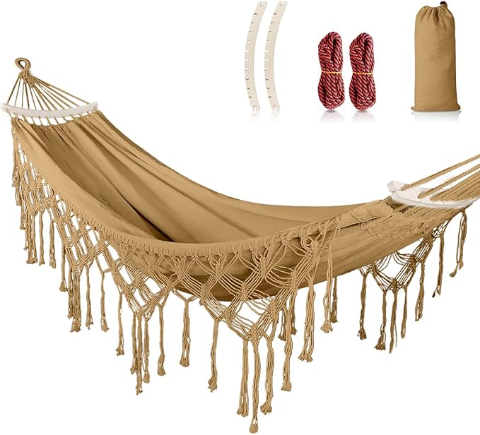 MOSFiATA Backyard Hammock with Tassels Max 500lbs Canvas Fabric Bohemian Style with Thickened Rope and Carry Bag for Outdoor Garden Patio Wedding Decor (Khaki)