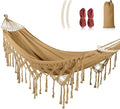 MOSFiATA Backyard Hammock with Tassels Max 500lbs Canvas Fabric Bohemian Style with Thickened Rope and Carry Bag for Outdoor Garden Patio Wedding Decor (Khaki)