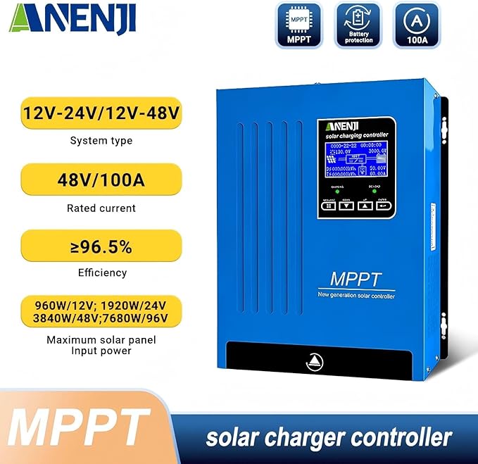 ANENJI 100A MPPT Solar Charge Controller 12V/24V/48V Auto Max Input 150V 96.5% High Efficiency LCD Display 4800W for Solar Panel Intelligent Regulator for Lithium/Lead-Acid Battery