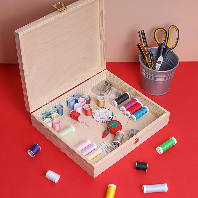 Creative Deco Wooden Storage Box Unpainted Plain | 11.41 x 9.84 x 2.55 in | Golden Latch &amp Lid | Perfect for Storing Valuables &amp Small Items in the Office or Bedroom | Keepsake Memory Trinket