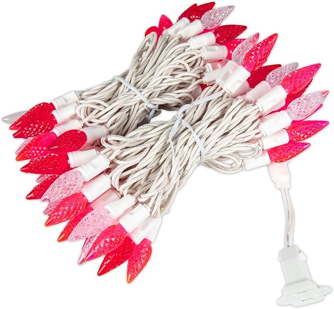 70 Light 24Ft Valentine's Day Lights Commercial String Lights C6 LED Strawberry Faceted Bulb – Red/Pink/Pure Whtie White Wire Indoor/Outdoor Full Wave No Flicker Connect 43 Sets