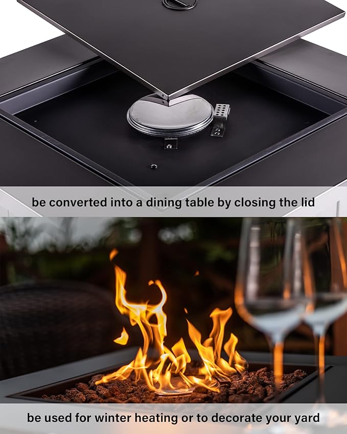 LEGACY HEATING 28-Inch Propane Fire Pit Table Gas Square Outdoor Fire Table Dinning with Lid Lava Stone 50000BTU ETL Certification for Outside Garden Backyard Deck Patio