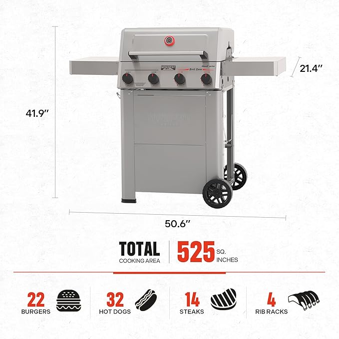 Monument Grills 4 Burner Propane Mesa 2 Gas Grill with Broil Zone Stainless Steel Outdoor Patio Barbecue Grill with Cover Foldable Side Shelves Fast Heating Assembles in 30 Mins Mesa II 410FBZ