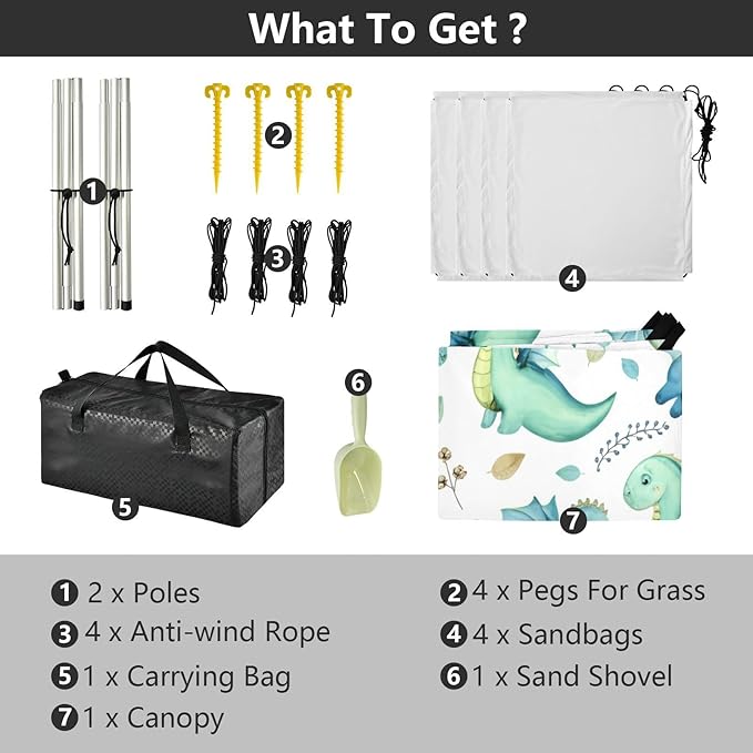 xigua Cartoon Dragons Beach Tent Sun Shelter with Carrying Bag - Silver Coated Oxford Fabric Beach Canopy for Beach Camping Fishing - Includes Windproof Ropes Sandbags &amp Stakes