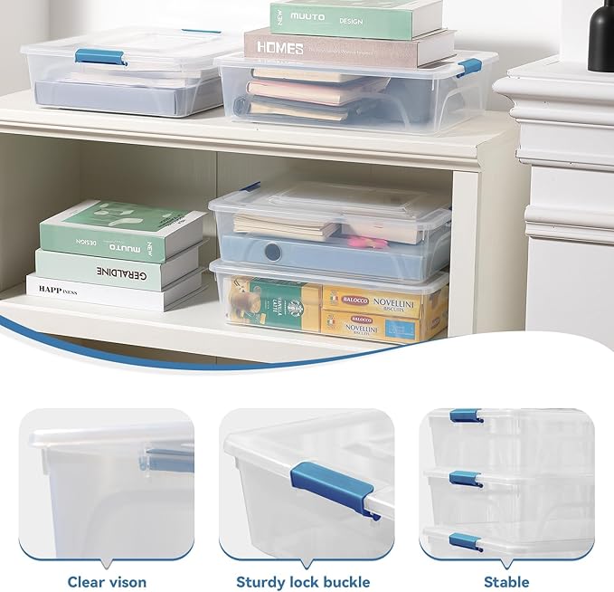 Clear Plastic Storage Bins with Lids Stackable Storage Box for Crafts Supplies (Large 4Pack Blue)