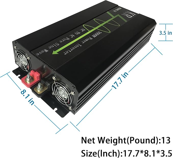 3000W Pure Sine Wave Power Inverter 12V DC to 120V AC Converter 60HZ for Car/Home Solar System with USB Port LCD Display