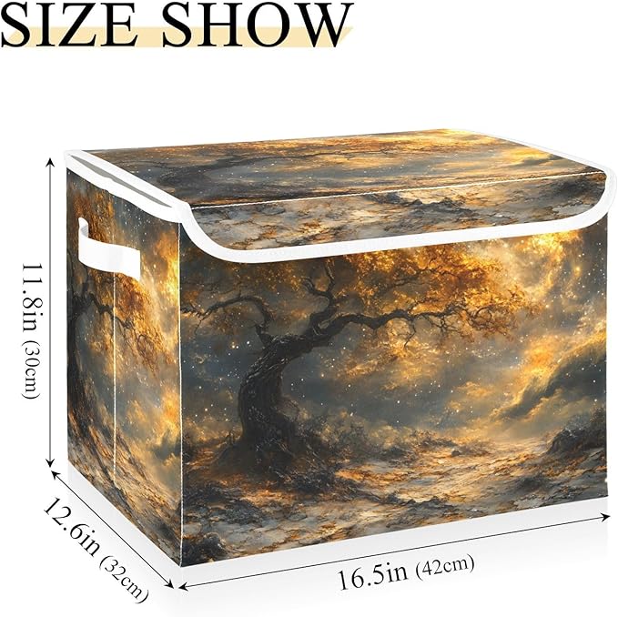 AIXIWAWA Lidded Storage Cube (Gold Landscape) Fabric Foldable Closet Bins with Flip Lid and Handles Organizer Basket Container 16.5 x 12.6 x 11.8 IN