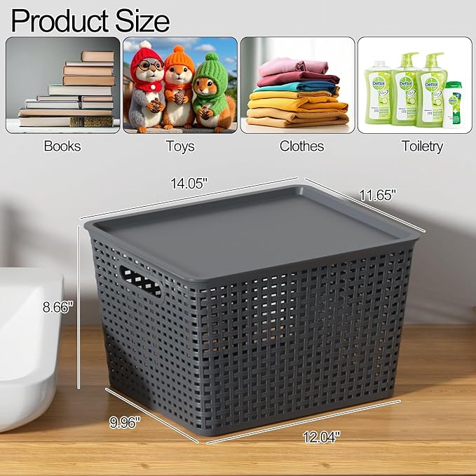 6-Pack Large Plastic Storage Basket Bins with Lid Stackable Storage Baskets with Lids 14.05 x 11.65 x 8.66 Gray