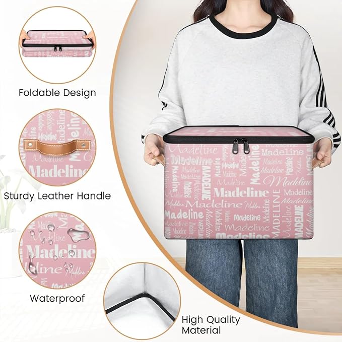 Custom Storage Basket with Name Personalized Keepsake Box with Zipper Lid Foldable Fabric Memory Bin Large capacity with Handle Pink
