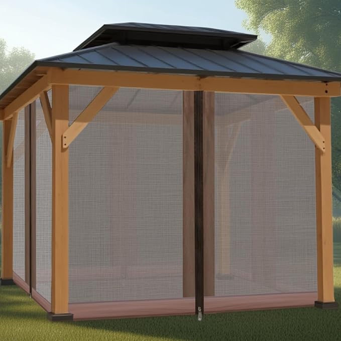 Gazebo Mosquito Netting Universal Replacement 4-Panel Sidewalls with Double Zippers for Patio Backyard Deck and Lawn 10x10 ft (Brown 10 * 12ft)