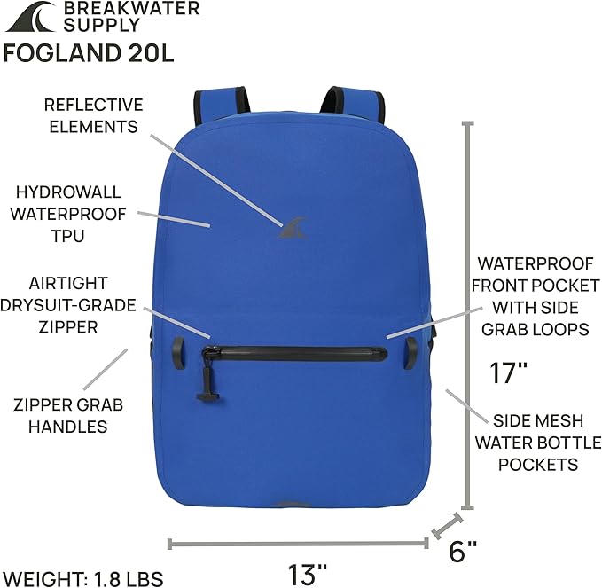 Breakwater Supply™ Fogland Waterproof IP68 Submersible Backpack | Laptop Sleeve Side Pockets Airtight Zippers for Outdoors Travel Kayaking Hiking Daypack Unisex TPU Dry Bag (Marker Blue 20L)