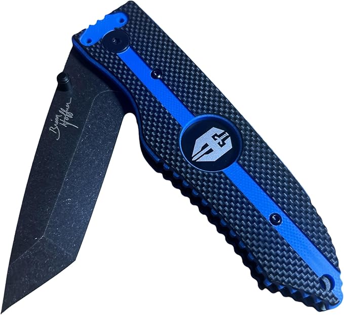 HOFFNER 3.5 EDC Folding Knife with Pocket Clip VG10 Japanese Stainless Steel Black Acid Washed Tanto Blade - (First Responder Thin Blue Line Medium Texture Grip) - Camping Hiking Outdoor Survival