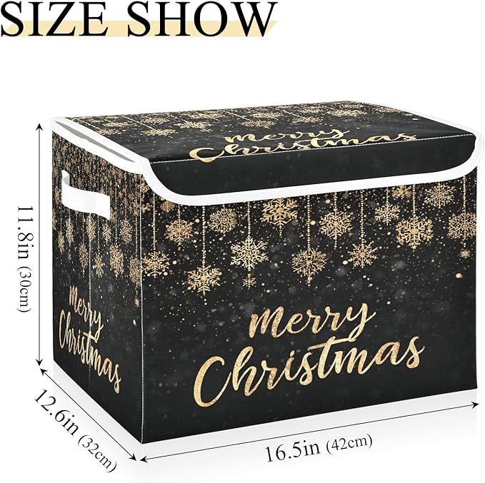 Gold Merry Christmas Storage Box with Lid 1 PC Foldable Storage Bin with Lids Stackable Storage Bins Cube Closet Organizer Basket with Flip-Top Lid &amp Handles for Shoes Books Towels