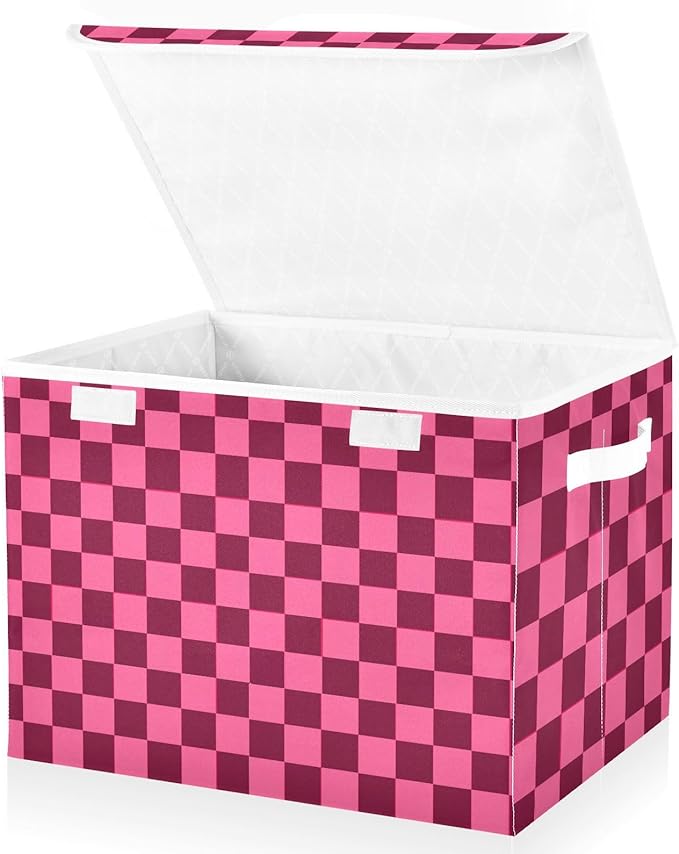 Collapsible Storage Bins with Lids Decorative Fabric Storage Cubes Closet Organizer and Storage Basket Boxes Containers for Clothes Box Chest Folding Rectangle Checkered Hot Pink