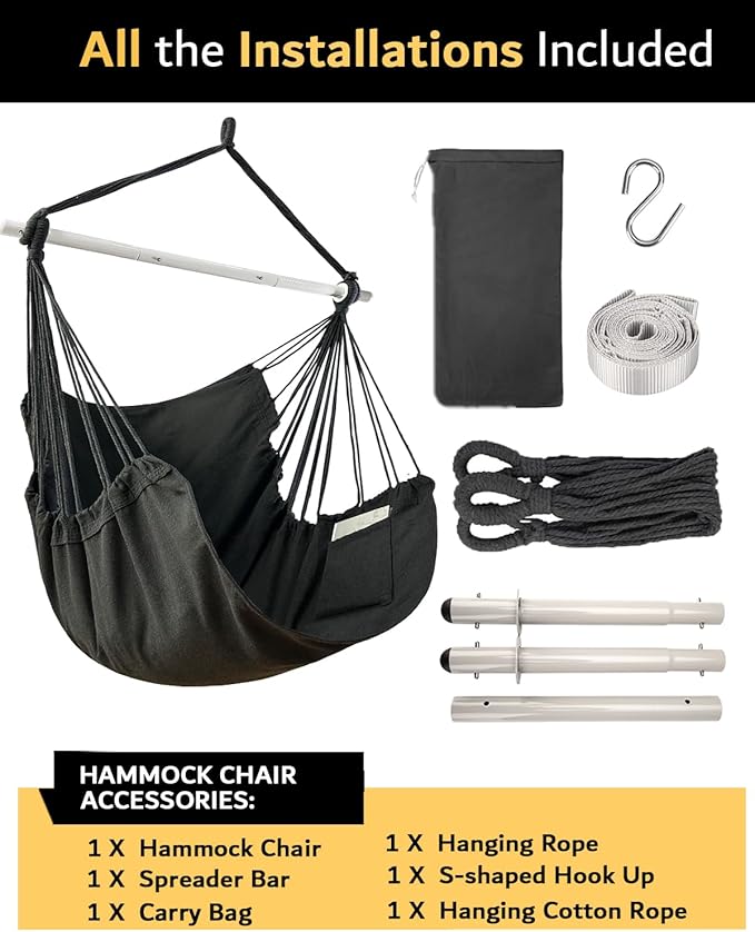 Lulladle Hammock Chair Hanging Rope Swing - Hammock Chair Bedrooms - Swing Chair Indoor - Hanging Chair Outdoor - Max Weight 500 Lbs