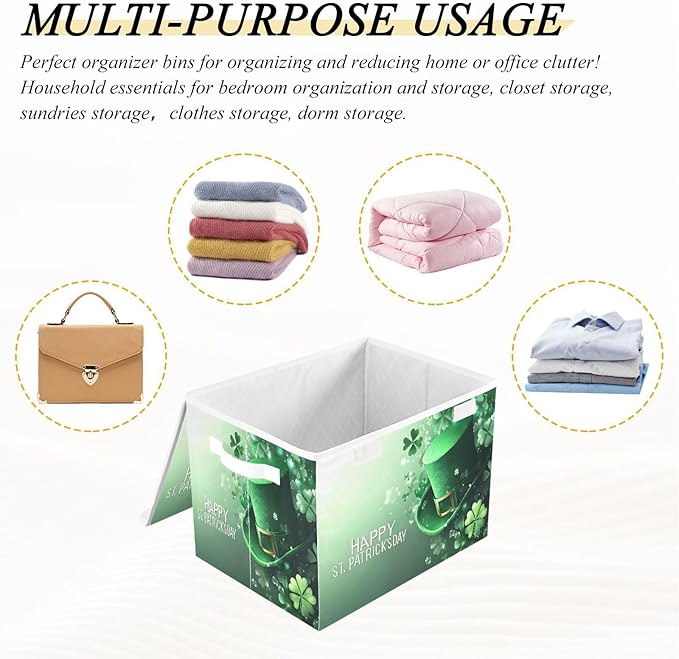 Christmas Storage Baskets with Lids St. Patrick's Day Hat Collapsible Bins Stackable Fabric Linen Baskets Closet Organizer Container 16.5x12.6x11.8