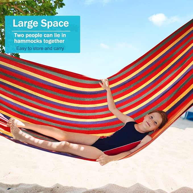 Outerman 275 x 155 cm Camping Hammock Hammocks Thickened Canvas Fabric with 550lb Load Capacity Two Anti Roll Balance Beam and Sturdy Metal Knot Tree Straps for Travel Beach Backyard etc.
