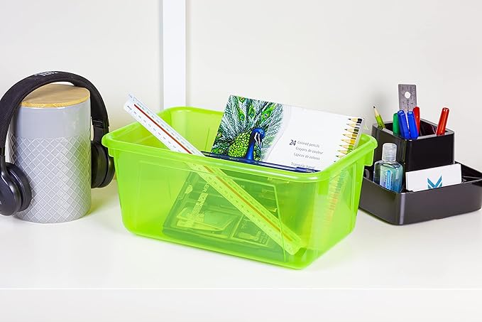 Storex Small Cubby Bins – Plastic Storage Containers for Classroom with Non-Snap Lid 12.2 x 7.8 x 5.1 inches Tint Green 5-Pack (62483A05C)